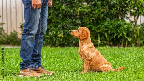 A playful golden retriever puppy attentively sitting on the grass, relaxing between potty breaks, comfortable housebreaking approach photo