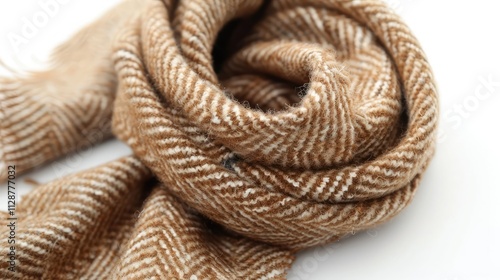 A warm, camel-colored wool stole with a classic, herringbone pattern, isolated on a white background