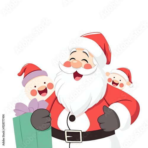 cartoon santa claus holding a present with three kids. photo