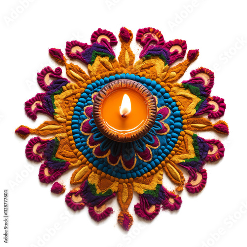 Transparent PNG Image of a lit Diya lamp surrounded by Rangoli patterns photo