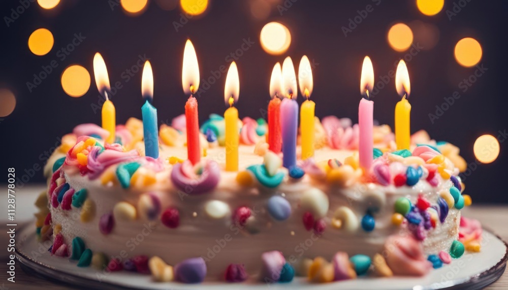 Close-Up Shot of Happy Birthday Cake with Colorful Burning Candles Festive Decorations with Sprinkle
Close-Up Shot of Happy Birthday Cake with Colorful Burning Candles Festive Decorations with Sprinkle