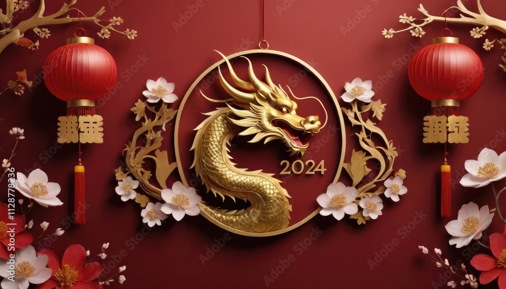 Chinese New Year 2025, Year of the Tiger, red and gold flower and Asian elements, paper cut with craft style on background. Chinese New Year 2025, Year of the Tiger, red and gold flower and Asian elements, paper cut with craft style on background.