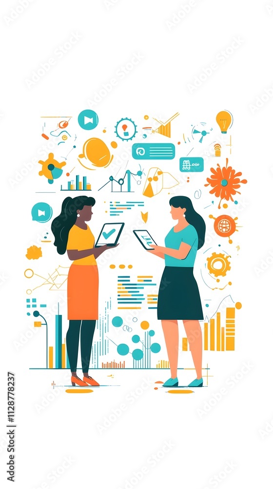 Flat vector illustration of two business women holding a tablet, surrounded by charts, graphs, and flowers Flat vector illustration of two business women holding a tablet, surrounded by charts, graphs, and flowers