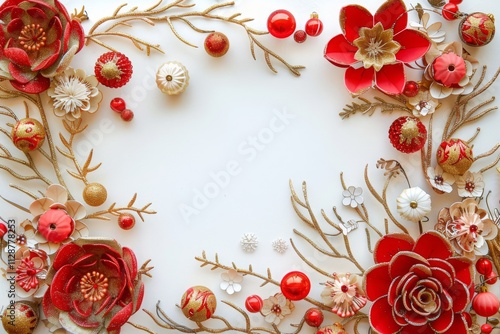 Elegant floral frame with red flowers on a white background, perfect for invitations and gatherings., MZ