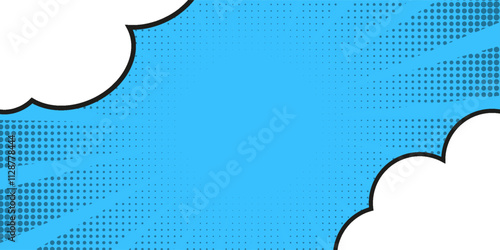 Comic background. Pop art texture. Starburst cartoon style. Anime design with explosion effect for print. Fun dot pattern. Blue backdrop with halftone gradient. Funny line frame. Vector illustration
