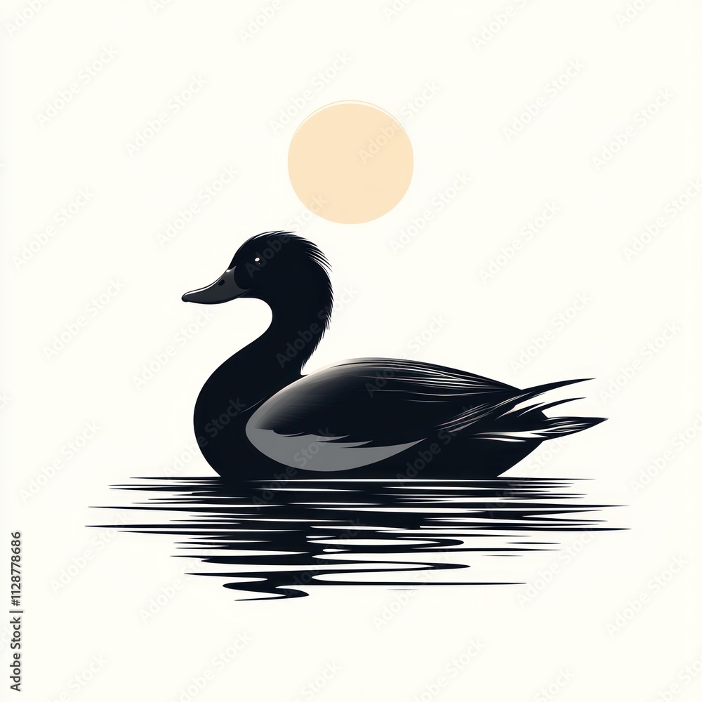 Silhouette of a duck swimming on calm water under a pale sun. Silhouette of a duck swimming on calm water under a pale sun.
