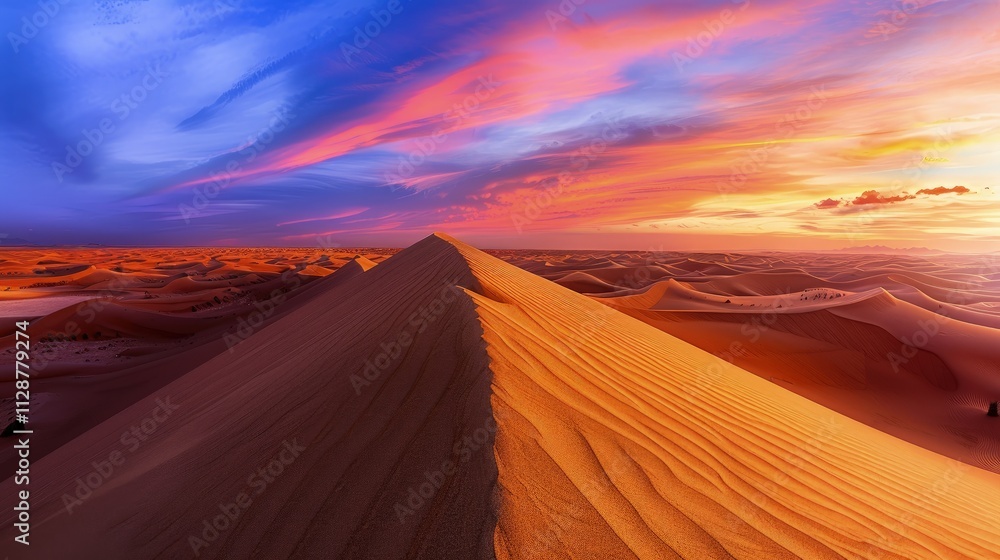 High-end photography of a remote desert landscape with dramatic sand dunes and vibrant sunset colors High-end photography of a remote desert landscape with dramatic sand dunes and vibrant sunset colors