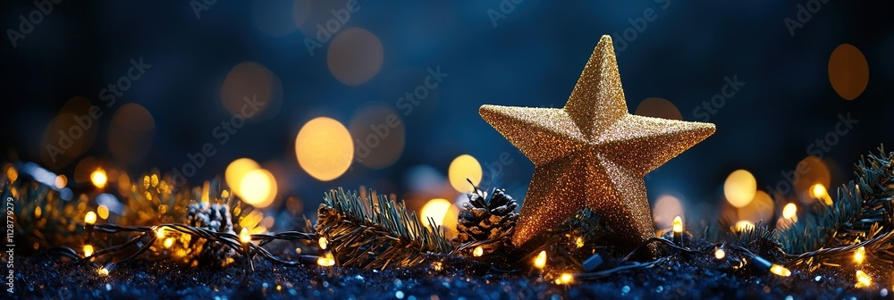 Dark Blue Background with Golden Stars, Blurred Lights, and Festive Decorations for New Year's Eve or Christmas Celebration Dark Blue Background with Golden Stars, Blurred Lights, and Festive Decorations for New Year's Eve or Christmas Celebration