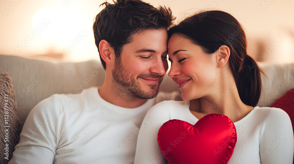Couple sharing romantic moment with heart shaped gift on Valentine Day Couple sharing romantic moment with heart shaped gift on Valentine Day