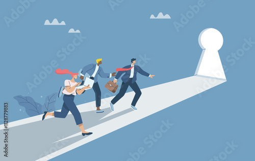 Business team run towards a brightly lit door ahead, Doorway to business or career opportunities, The concept of access and success, The door to success, Progress in organizational problem solving