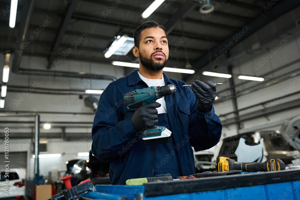 Handsome young mechanic focuses on his task amidst a busy auto repair workshop environment. Handsome young mechanic focuses on his task amidst a busy auto repair workshop environment.
