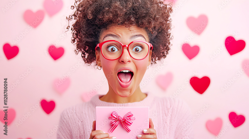 Excited woman with curly hair opening Valentine gift, surrounded by hearts Excited woman with curly hair opening Valentine gift, surrounded by hearts