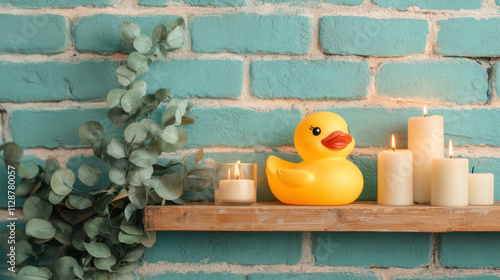 A cheerful yellow rubber duck sits on a wooden shelf with candles and greenery against a bright turquoise brick wall. photo