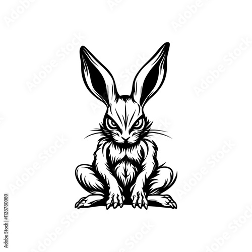 Vector devil demon scary angry rabbit hare tattoo woodcut stamp style black line isolated in white background trend 