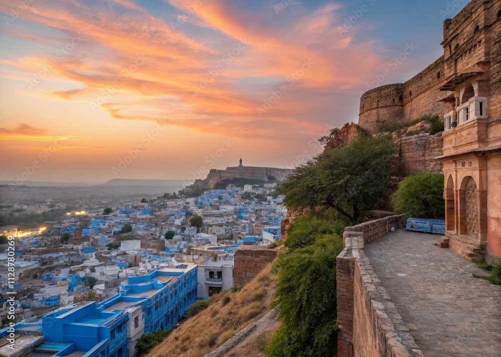 Obraz premium Captivating Sunset Over Jodhpur, Rajasthan: A Scenic View of Blue Houses in the Blue City with Open Space for Text Overlay