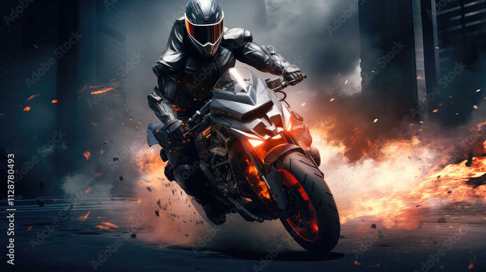 Dynamic motorcycle rider performs a thrilling stunt in a dramatic urban setting at dusk Dynamic motorcycle rider performs a thrilling stunt in a dramatic urban setting at dusk