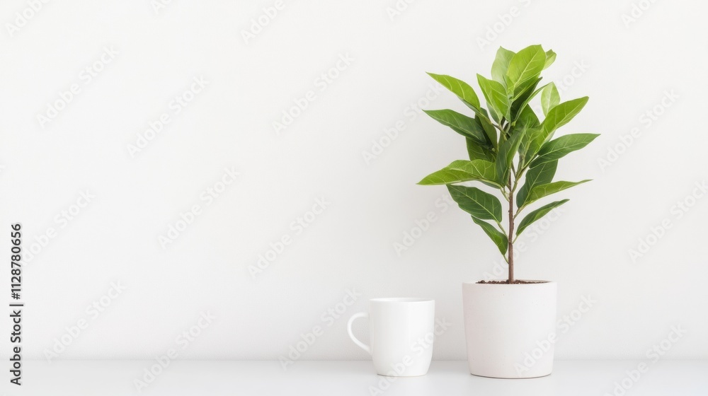 Minimalist Home Office Aesthetic Potted Plant and Coffee Cup on White Desk Minimalist Home Office Aesthetic Potted Plant and Coffee Cup on White Desk