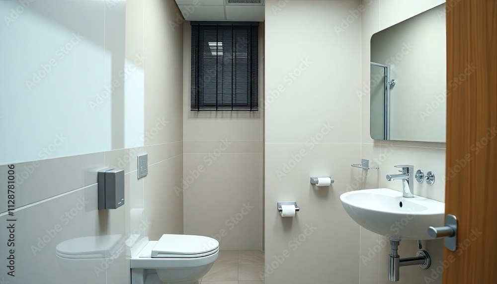 office bathroom with clean, modern design, neutral tones, and practical fixtures, glowing under bright artificial lighting during the day office bathroom with clean, modern design, neutral tones, and practical fixtures, glowing under bright artificial lighting during the day