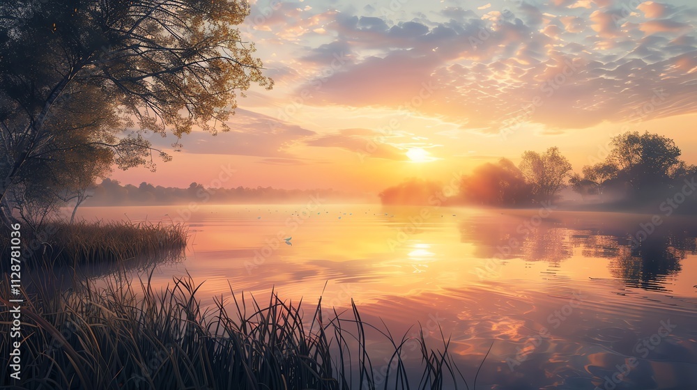 Fototapeta premium A tranquil sunrise over a misty lake with tall grass and trees in the foreground and a tree line silhouetted in the distance.