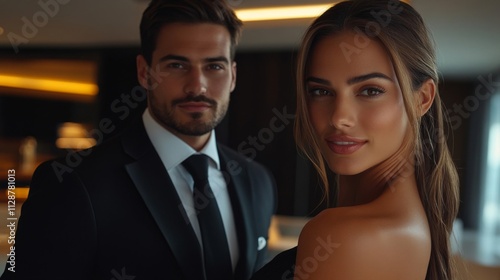 Close-up Portrait of a Couple in Elegant Attire photo