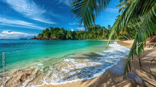 Fototapeta Naklejka Na Ścianę i Meble -  High-end photography of a pristine tropical beach with turquoise waters and swaying palm trees