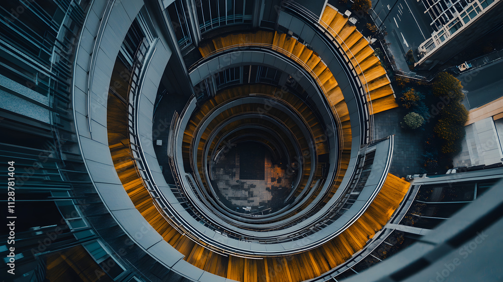 Fototapeta premium A drone capturing a spiral staircase on a skyscraper rooftop from directly above.