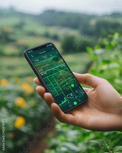 Wallpaper Mural A hightech agricultural setting where a farmer uses a mobile app to analyze data and control automated systems, ensuring optimal crop yield through smart farming techniques Torontodigital.ca