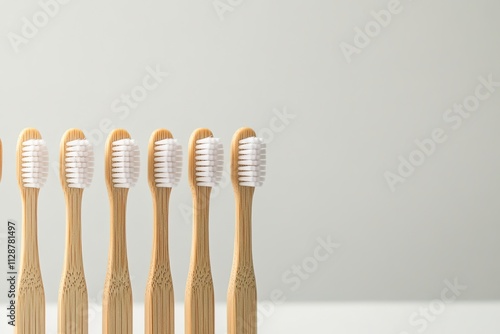 neat array of bamboo toothbrushes displayed on clean white surface with soft lighting and minimal distractions