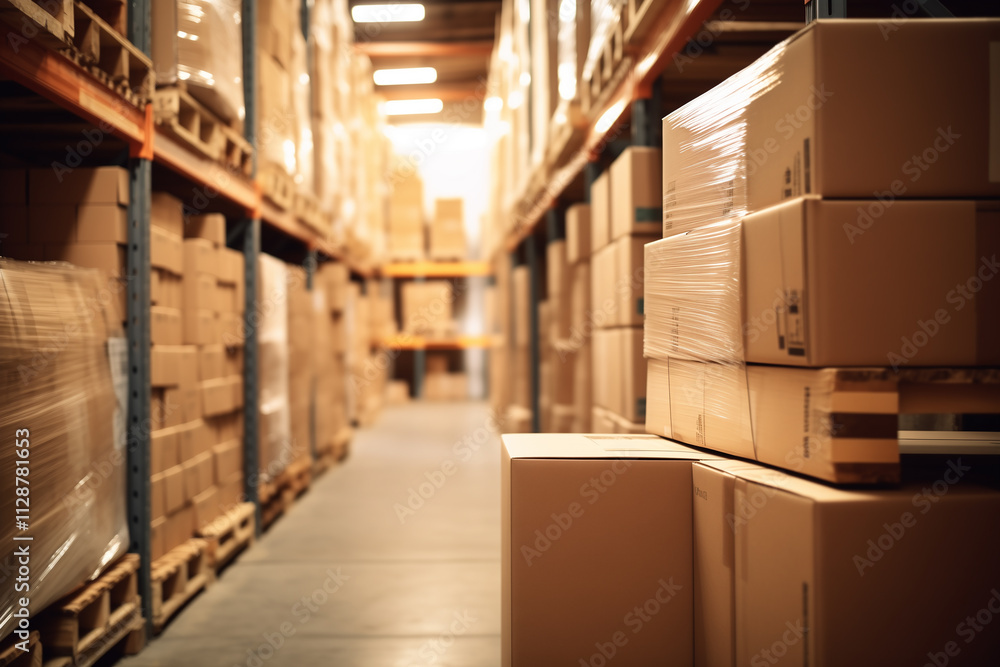 A clean and professional depiction of a warehouse with securely packaged cardboard boxes on pallets, Logistics, supply chain, and storage operations. A clean and professional depiction of a warehouse with securely packaged cardboard boxes on pallets, Logistics, supply chain, and storage operations.