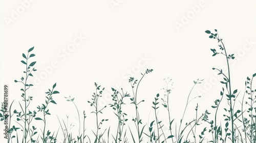Teal Silhouettes of Wildflowers and Grasses Against White