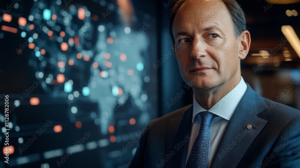 Businessman in a Suit Looking at a Map with Data Points Businessman in a Suit Looking at a Map with Data Points