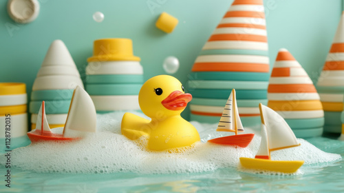 A cheerful yellow rubber duck floats on foam water surrounded by colorful toy boats and soft, pastel-hued shapes. photo