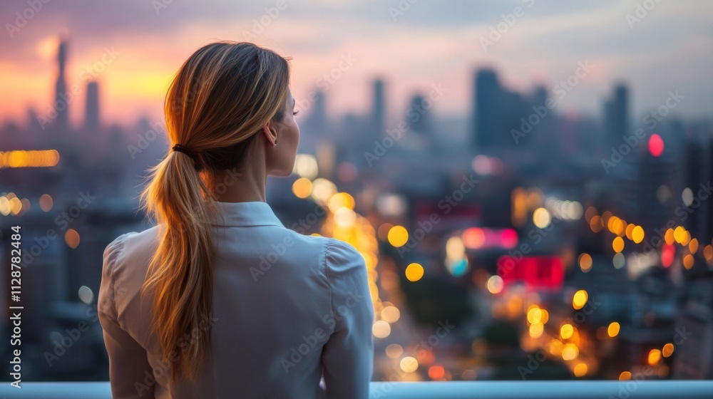 Woman Gazing at a Cityscape with Lights at Dusk Woman Gazing at a Cityscape with Lights at Dusk