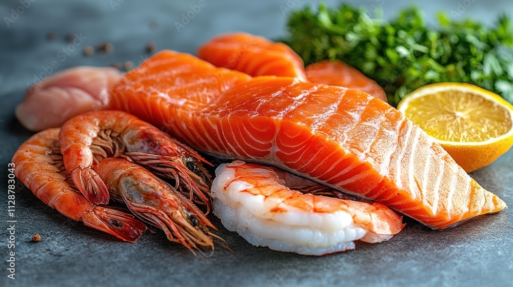 Fresh salmon, shrimp, chicken, lemon, and parsley. Fresh salmon, shrimp, chicken, lemon, and parsley.