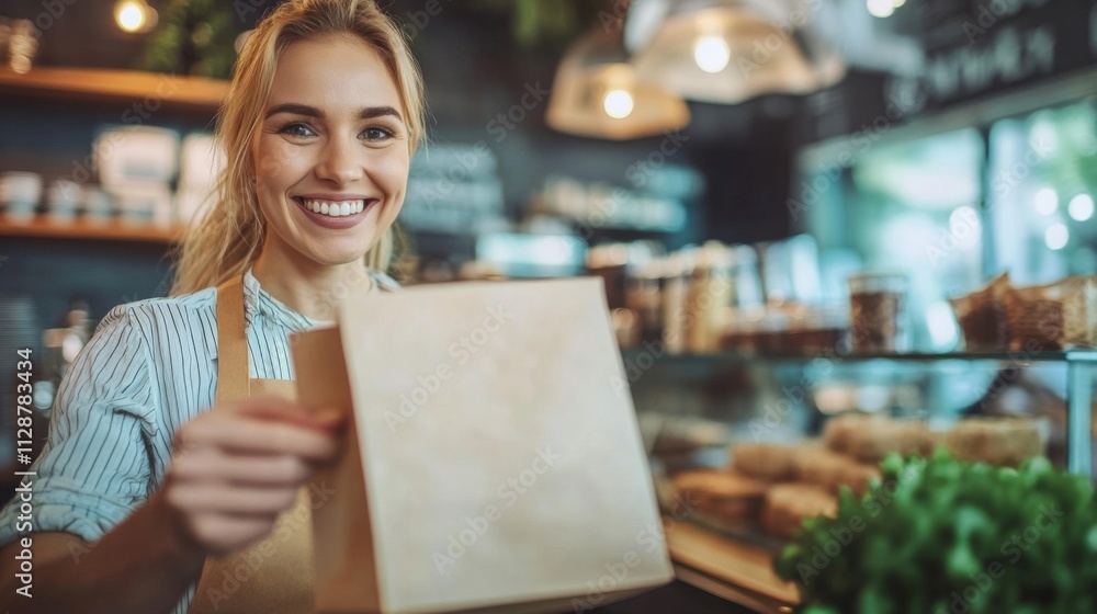 Smiling Woman Holding a Brown Paper Bag in a Cafe Smiling Woman Holding a Brown Paper Bag in a Cafe