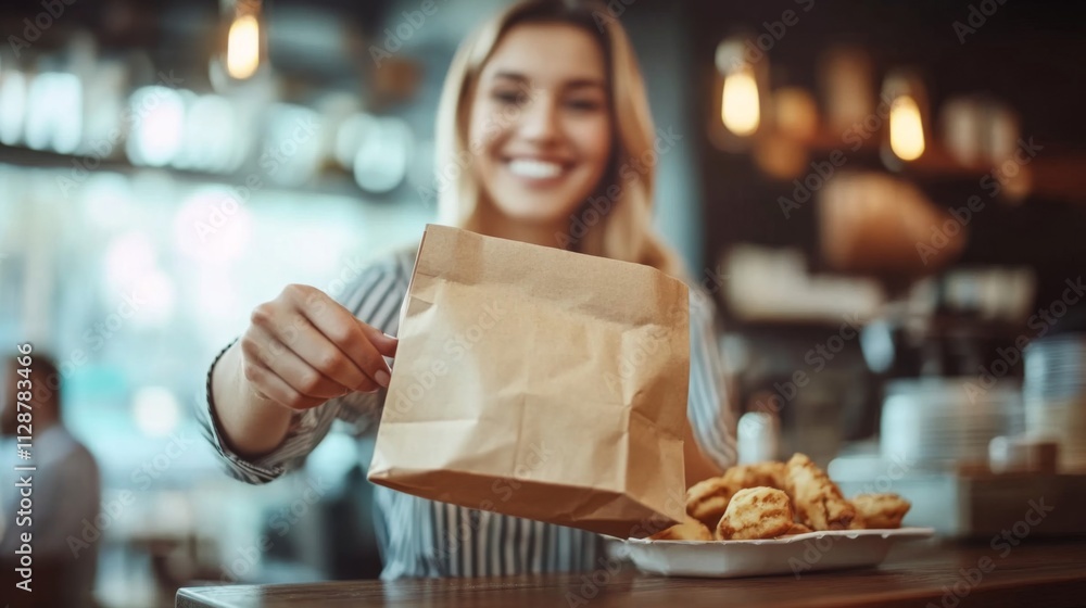 Woman Offering a Brown Paper Bag with a Smile in a Cafe Woman Offering a Brown Paper Bag with a Smile in a Cafe