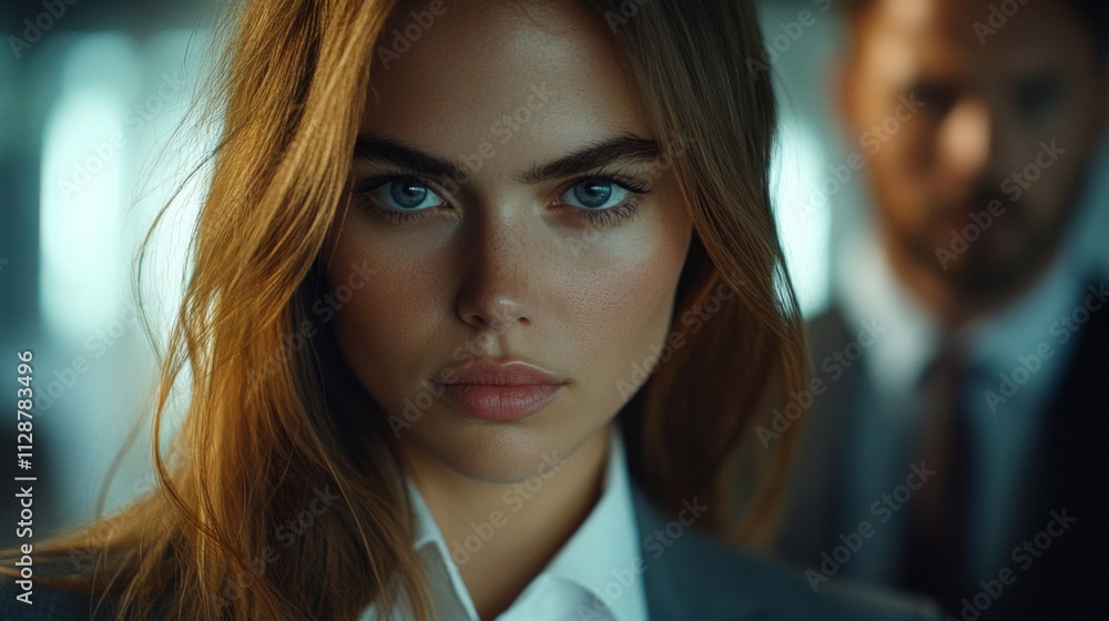 A Woman with Blonde Hair and Blue Eyes Looking Intensely at the Camera A Woman with Blonde Hair and Blue Eyes Looking Intensely at the Camera
