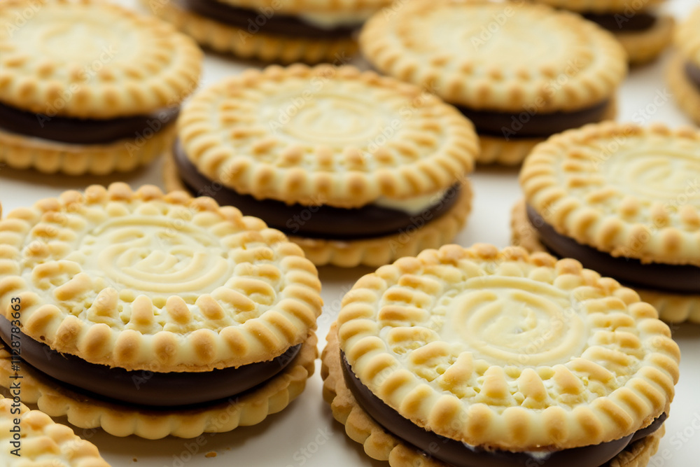 Close up bunch cookies with chocolate frosting. Close up cookies on a white background with oreos. Close up of a round of cookies with a white oreo filling. Close up of a round of cookies lifestyle. Close up bunch cookies with chocolate frosting. Close up cookies on a white background with oreos. Close up of a round of cookies with a white oreo filling. Close up of a round of cookies lifestyle.