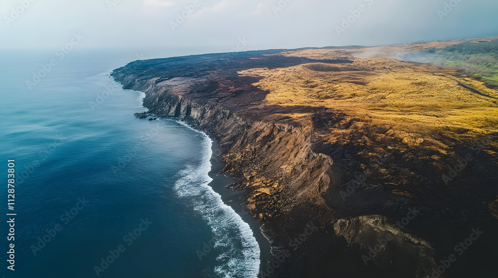 Obraz premium A drone flying over a newly formed volcanic island with fresh lava fields meeting the ocean.