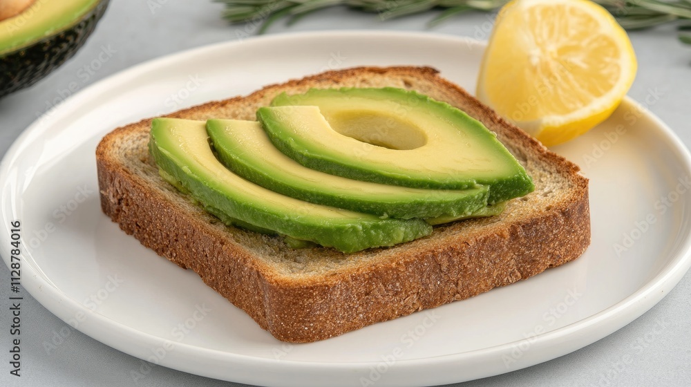 Enjoy a vibrant avocado toast with slices of creamy avocado, sprinkled with herbs and served with a lemon wedge, perfect for brunch Enjoy a vibrant avocado toast with slices of creamy avocado, sprinkled with herbs and served with a lemon wedge, perfect for brunch
