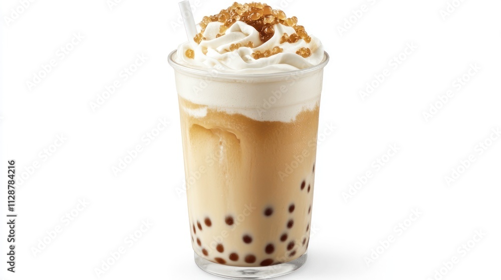 Brown sugar boba milk with thick cream and extra tapioca pearls on top, Brown sugar boba milk with thick cream and extra tapioca pearls on top,