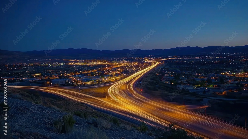 Nighttime Highway Traffic Light Trails Over Cityscape Nighttime Highway Traffic Light Trails Over Cityscape