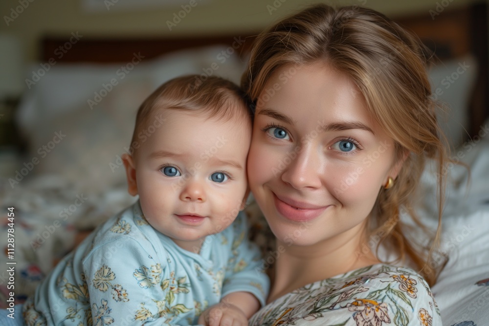 Mother and baby with blue eyes smiling closely. Warm, cozy moment captured in a serene setting. Mother and baby with blue eyes smiling closely. Warm, cozy moment captured in a serene setting.