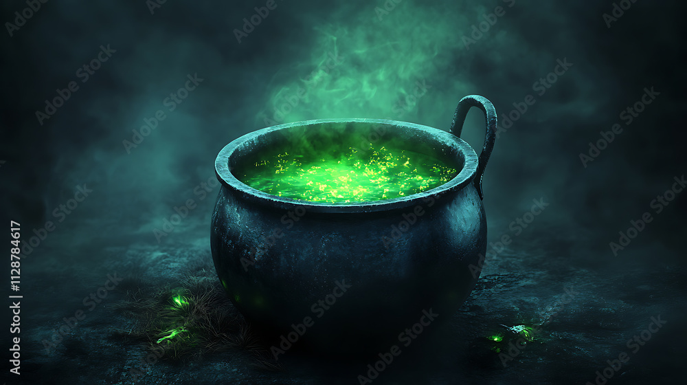 Cauldron with green glowing potion on a dark foggy background for your spooky design Cauldron with green glowing potion on a dark foggy background for your spooky design