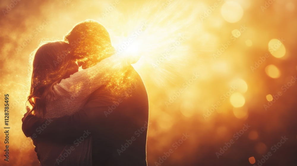 Naklejka premium A cinematic close-up of a compassionate embrace between two figures, one radiating ethereal light, symbolizing divine forgiveness