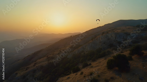 A drone recording a paraglider soaring over a steep mountain ridge at sunset. photo