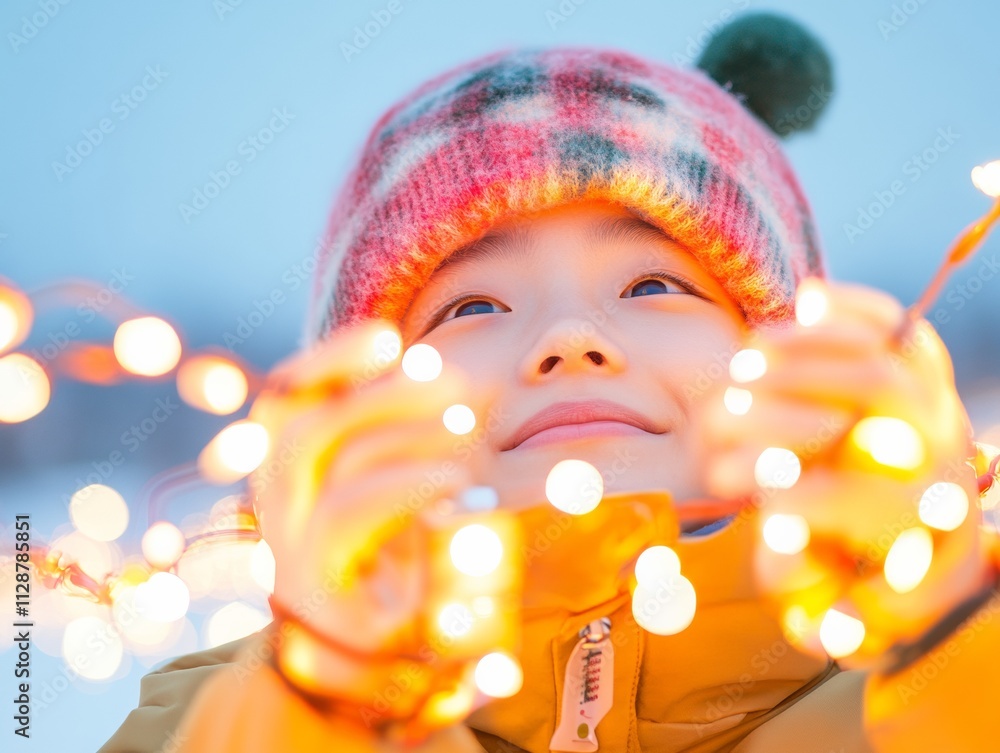 Joyful Child with Christmas Lights in Winter Wonderland Joyful Child with Christmas Lights in Winter Wonderland