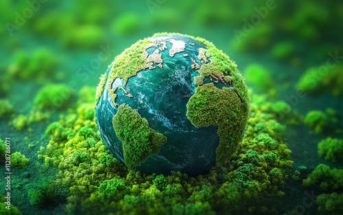 Green nature globe with netzero, CO2 reduction, and circular economy icons, highlighting sustainable technology and governance for ecofriendly businesses photo