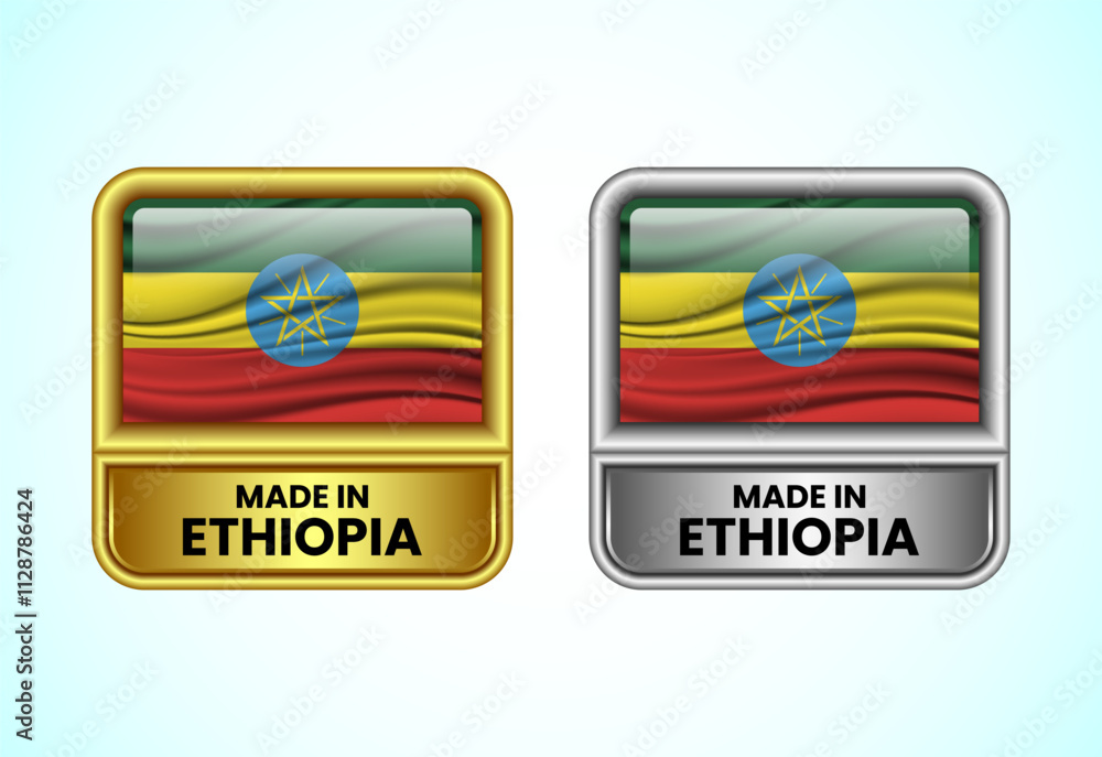 Made in Ethiopia label icon in gold and silver color. Flag icon set for business Made in Ethiopia label icon in gold and silver color. Flag icon set for business