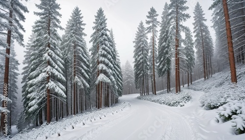 Dense winter forest covered in snow, with tall pine trees and a winding path leading into the snowy landscape